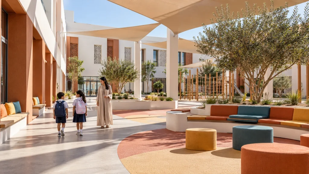 School courtyard in Abu Dhabi with colorful seating and children walking