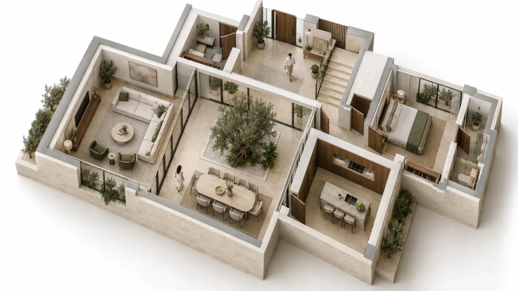 Abu Dhabi courtyard villa 3D ground-floor plan with living and dining areas, kitchen and guest bedroom