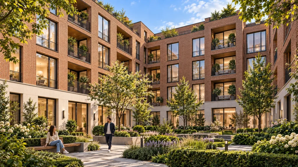 Interior landscaped courtyard with trees and seating areas