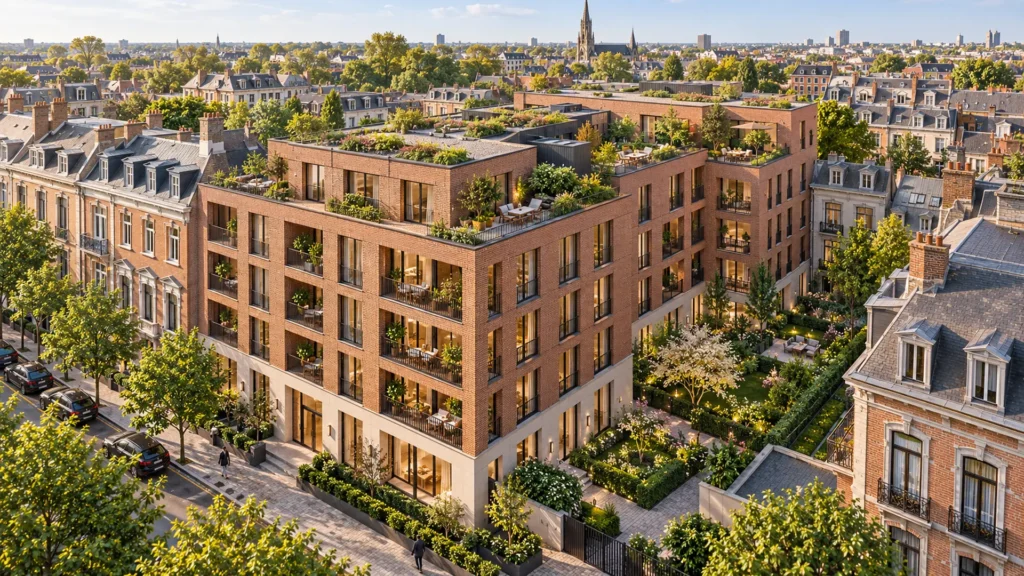 rendu 3d immobilier belgique showing aerial drone view of the apartment building