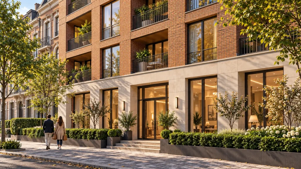 Main entrance facade with stone plinth and large glass doors — Rendu 3D Immobilier Belgique