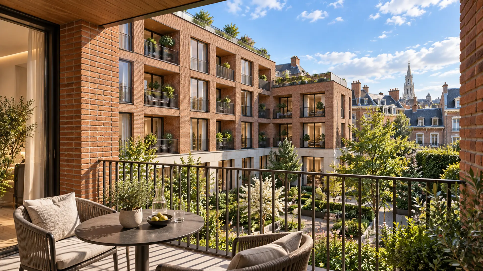 Balcony view overlooking the central courtyard and city skyline — Visualisation Extérieure Immeuble Bruxelles
