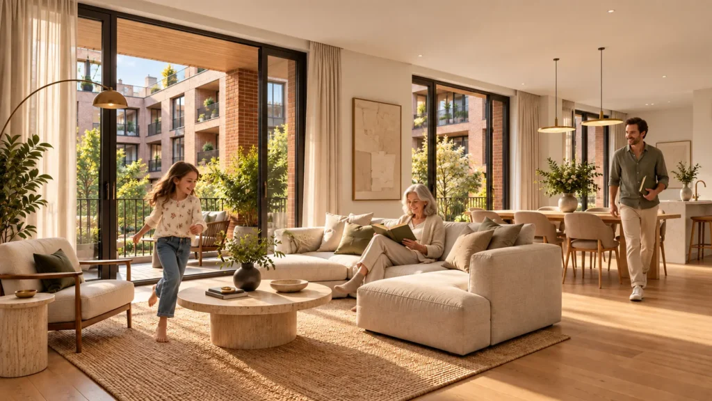 Bright living room interior with contemporary furniture and daylight — Perspective 3D Résidentielle Bruxelles