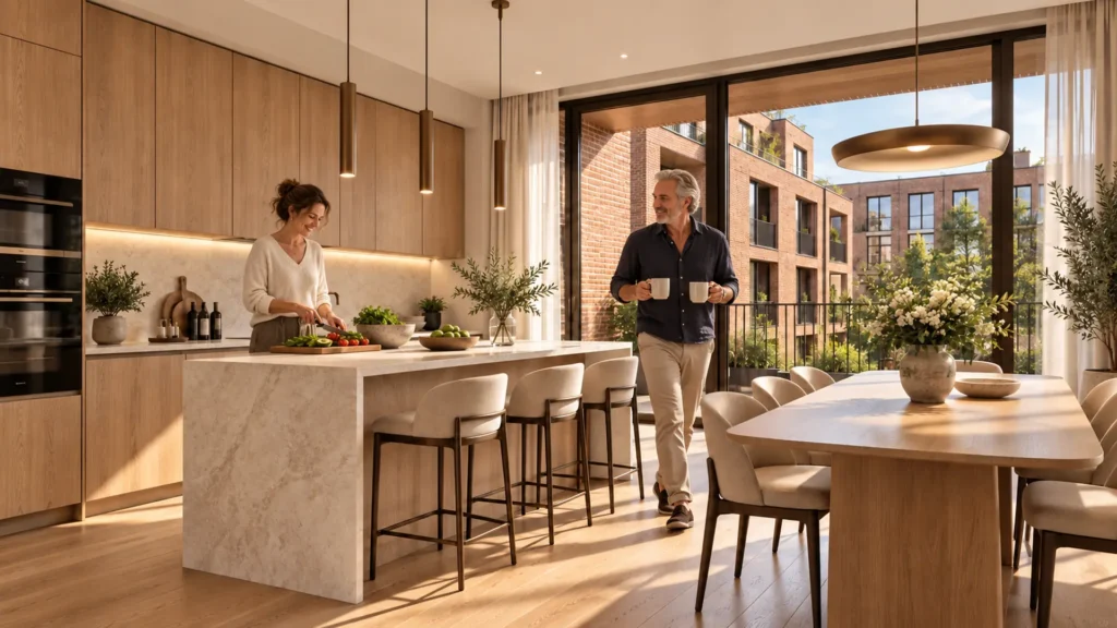 visualisation extérieure immeuble bruxelles highlighting kitchen and dining area — Rendu 3D Immobilier Belgique