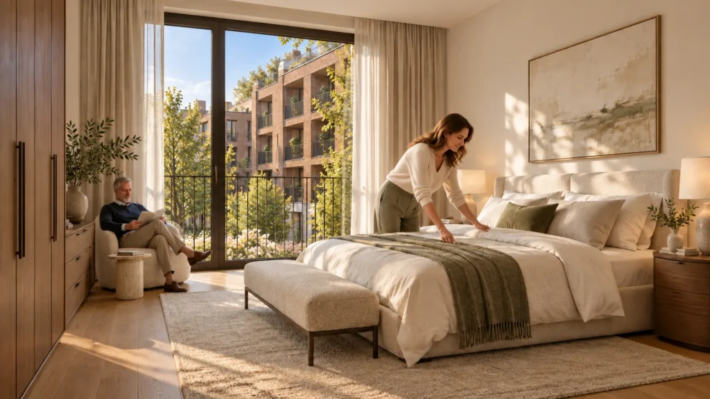 Minimalist bedroom interior with neutral tones and soft lighting — Images De Synthèse Architecture Bruxelles