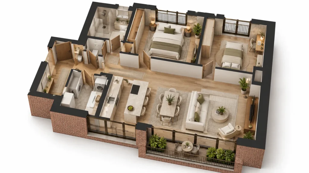 Plan 3D meublé d’un appartement de deux chambres avec séjour, cuisine ouverte, salle de bains et balcon.