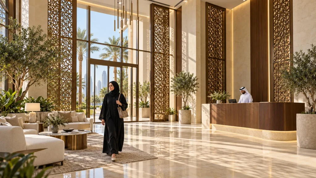 Daylit Doha residential lobby with limestone floors, bronze screens and residents