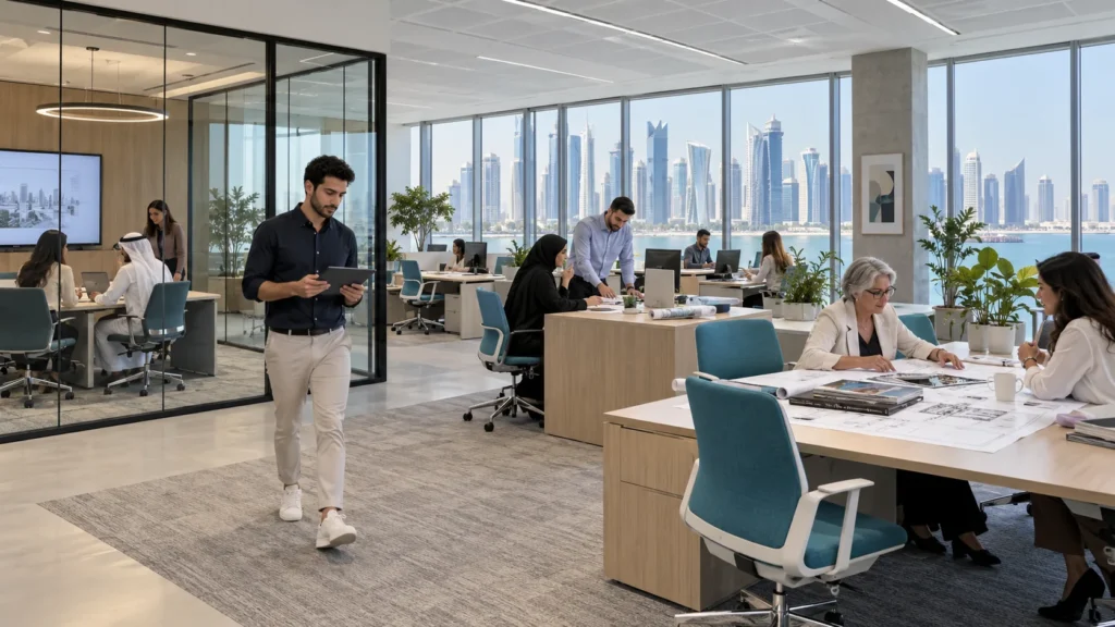 Modern workplace interior rendering with collaborative seating — 3D Rendering Services Qatar