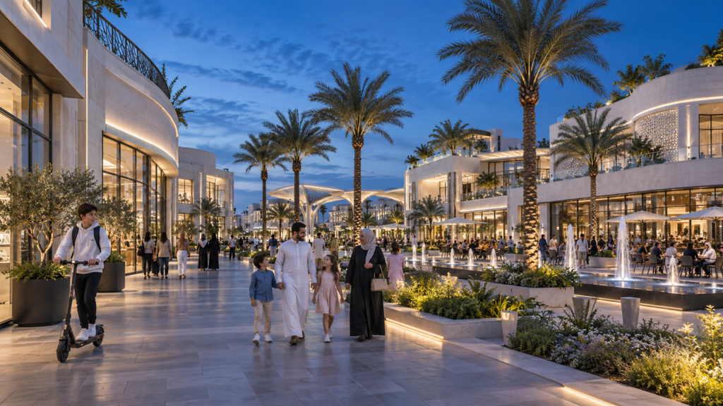 Retail plaza pedestrian walkway at dusk in Doha — Real Estate 3D Visualization Qatar