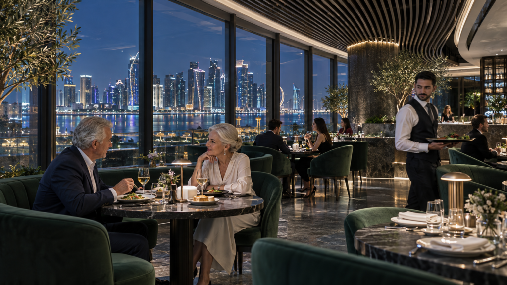 Fine dining restaurant interior with skyline view in Doha — Waterfront Masterplan Visualization Qatar
