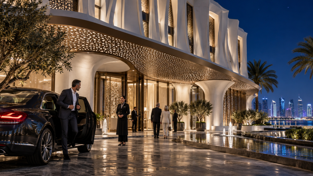 Luxury hotel exterior entrance at night in Doha — Real Estate 3D Visualization Qatar