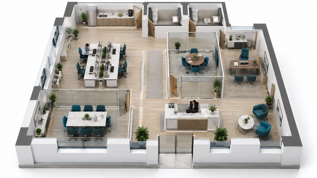 Furnished 3D office floor plan with reception, workstations, meeting rooms, kitchenette and toilets