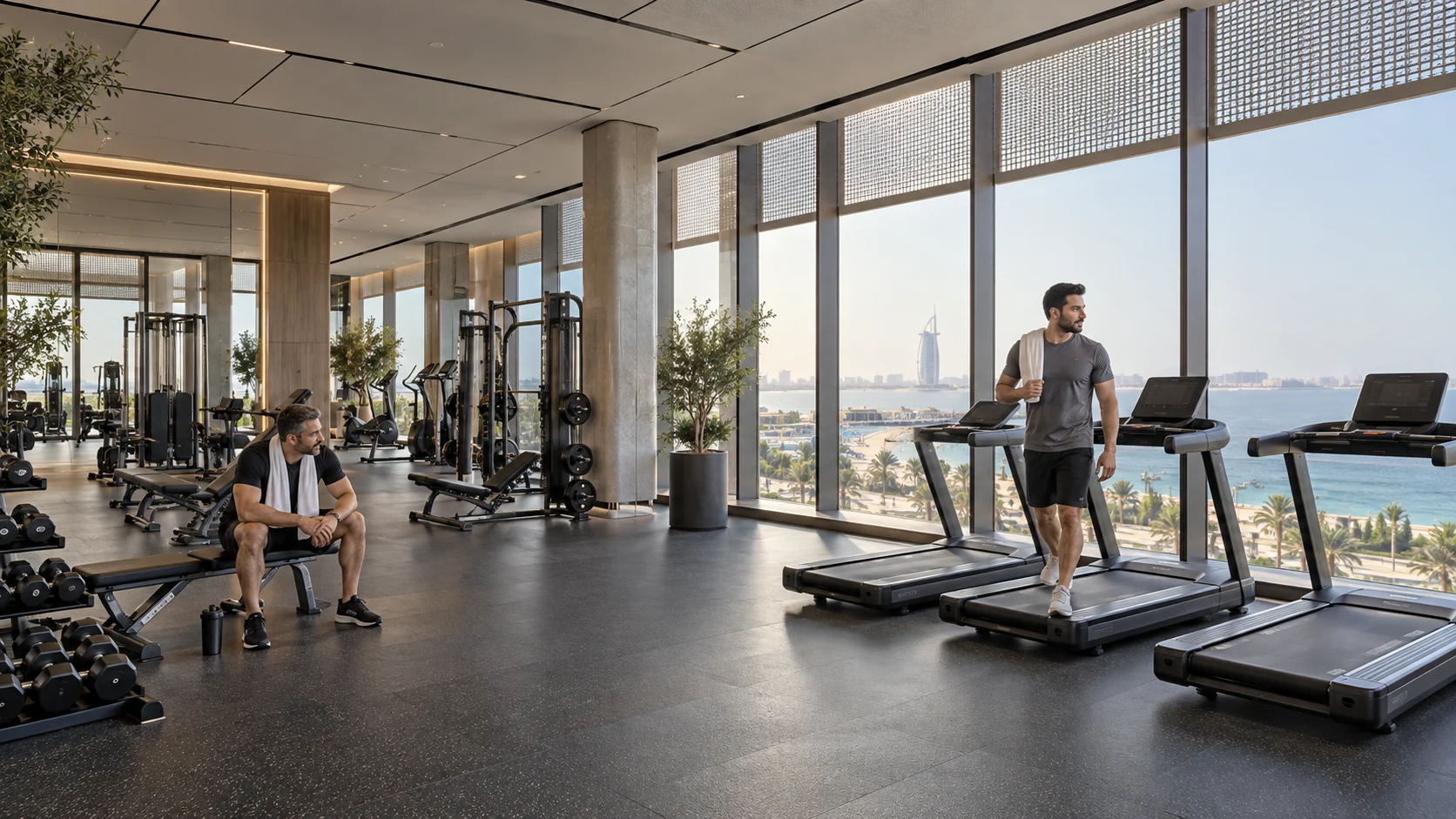 Gym and fitness club interior with treadmills overlooking the sea in Jeddah — Architectural Visualization Studio In Saudi Arabia