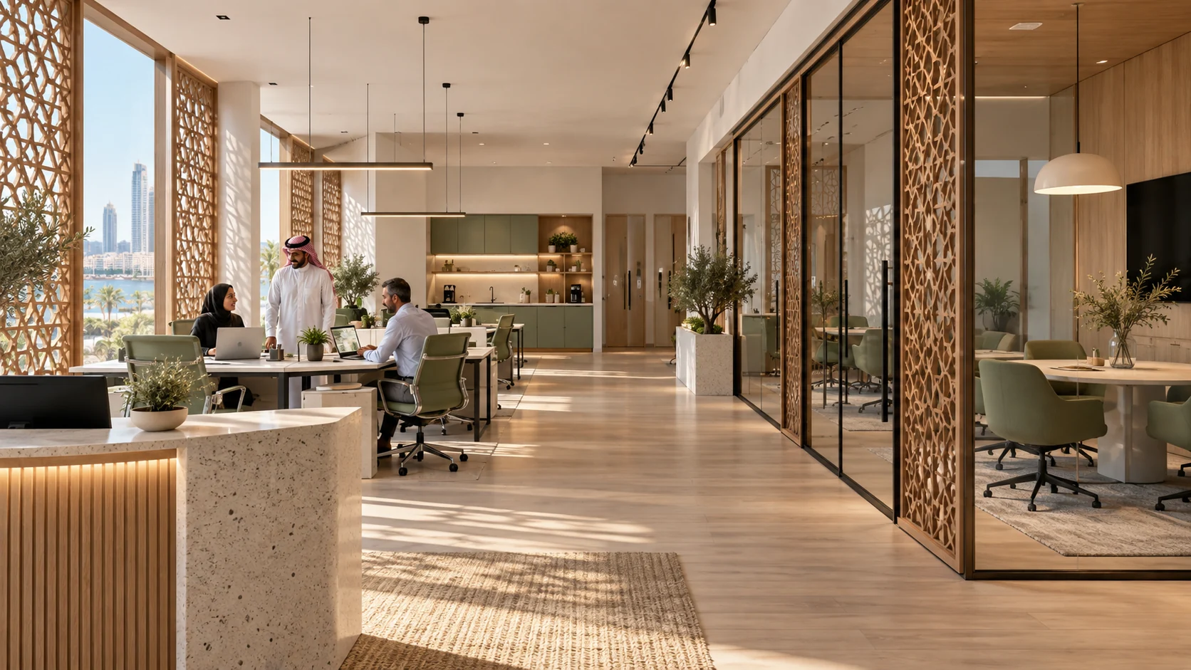 Co-working space interior with private cabins and meeting rooms in Jeddah — Best Archviz Studios Middle East Saudi Arabia