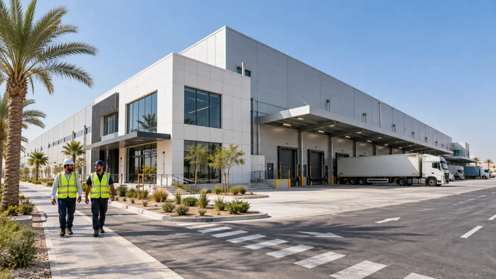 Industrial warehouse and logistics facility with loading docks in Jeddah — Architectural Rendering Jeddah