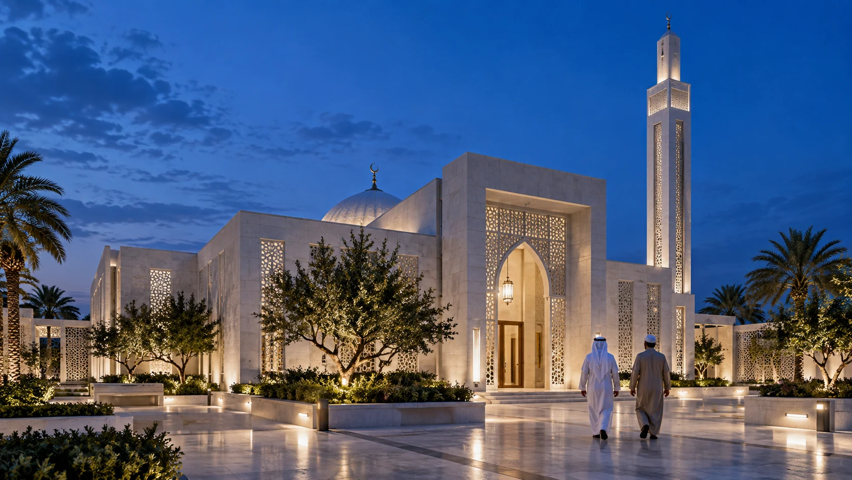 Modern mosque architecture illuminated during twilight in Jeddah — 3D Architectural Visualization Studio In Saudi Arabia