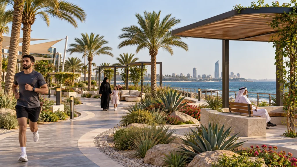 Landscape garden walkway with people walking and jogging in Jeddah — Architectural Visualization Studio In Saudi Arabia