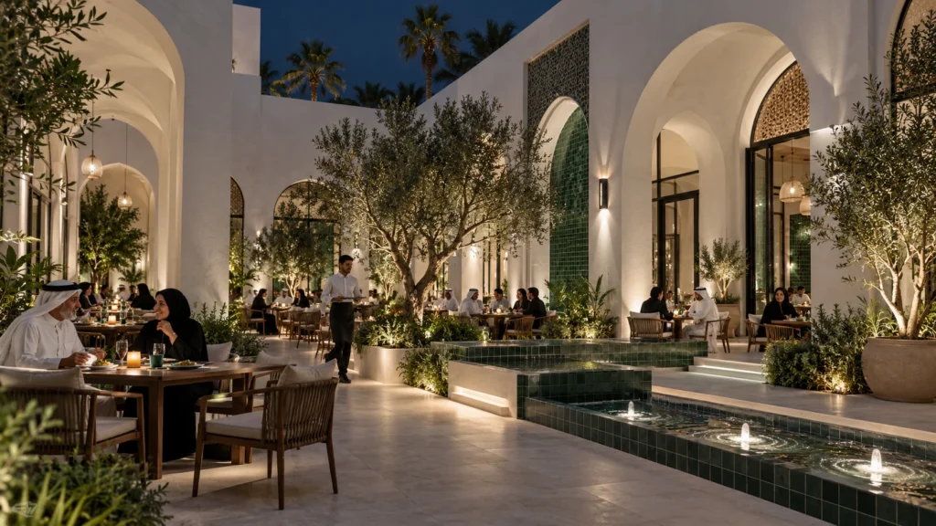 Modern restaurant and outdoor cafe seating area at night in Jeddah