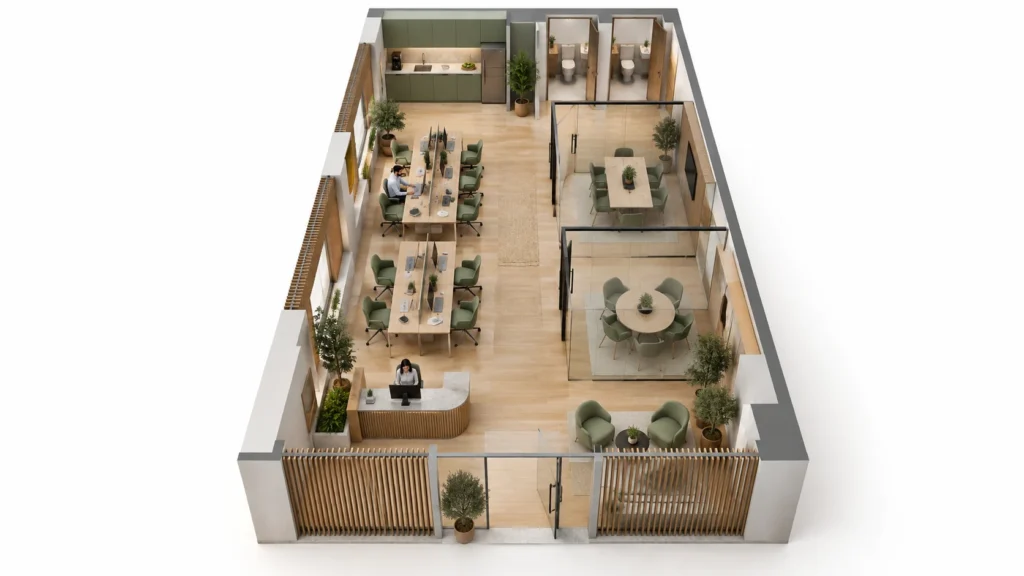 Jeddah coworking office 3D floor plan with shared desks, meeting rooms and reception
